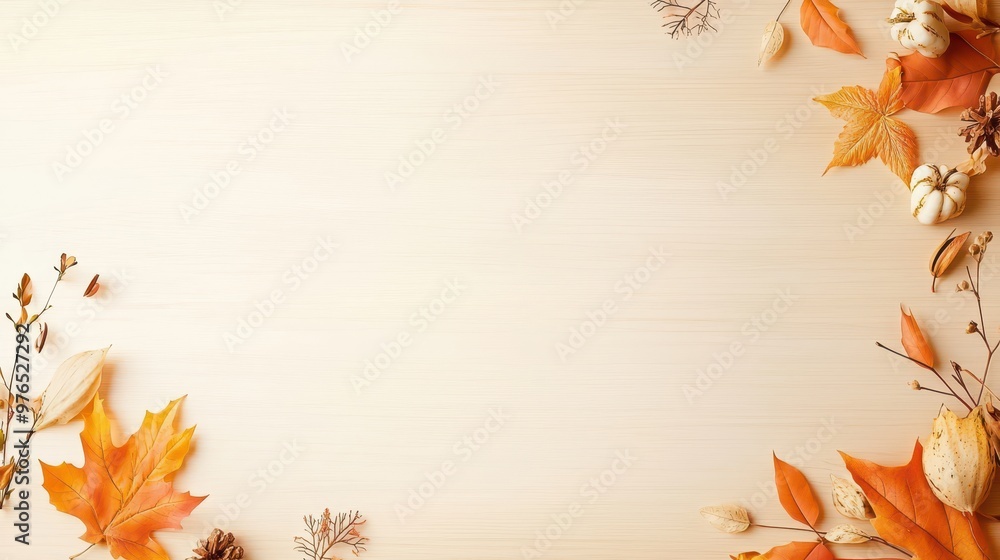 Poster autumn leaves and white pumpkins on wood background