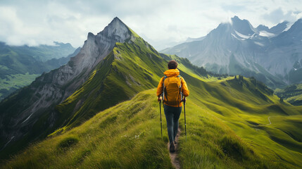A lone male hiker with a yellow jacket, trekking through lush green mountains with peaks in the backdrop under a cloudy sky.