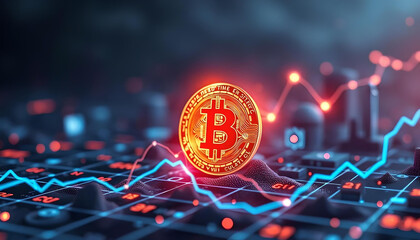 Bitcoin blockchain token rising in the digital market, showcasing the power of cryptocurrency and modern online networks against a blue, futuristic city backdrop