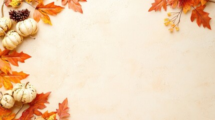Autumn Leaves and Gourds Border on Cream Background