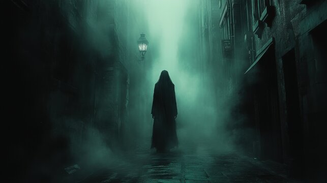 Haunting Presence: Ghostly Figure in Dark Alley with Eerie Shadows and Thick Fog, Mysterious and Chilling Urban Scene