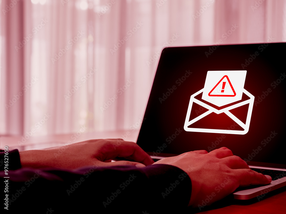 Poster sms spam, fake text message phishing scammer concept. warning alert icon in opened envelope, e-mail 
