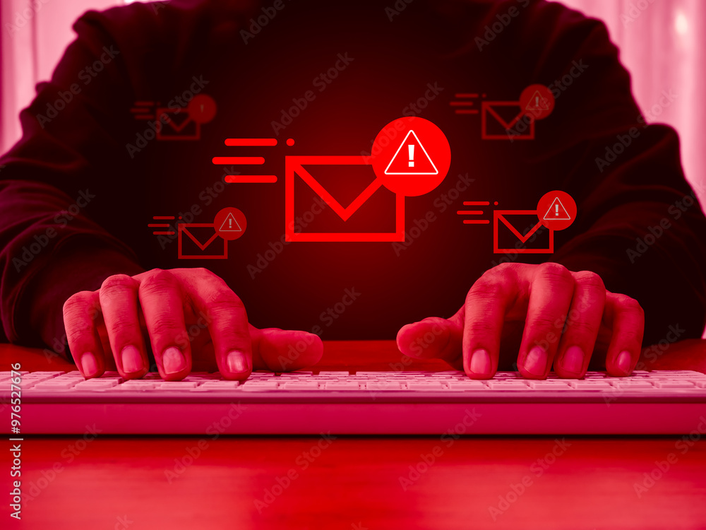 Poster email and sms spam, fake text message phishing sending by scammer or hacker concept. many red warnin