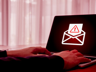 SMS spam, fake text message phishing scammer concept. Warning alert icon in opened envelope, e-mail...
