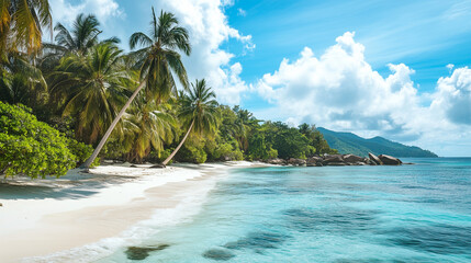 Fototapeta premium A tropical beach featuring leaning palm trees, white sandy shores, clear turquoise waters, and a backdrop of lush green hills under a bright blue sky with scattered clouds.