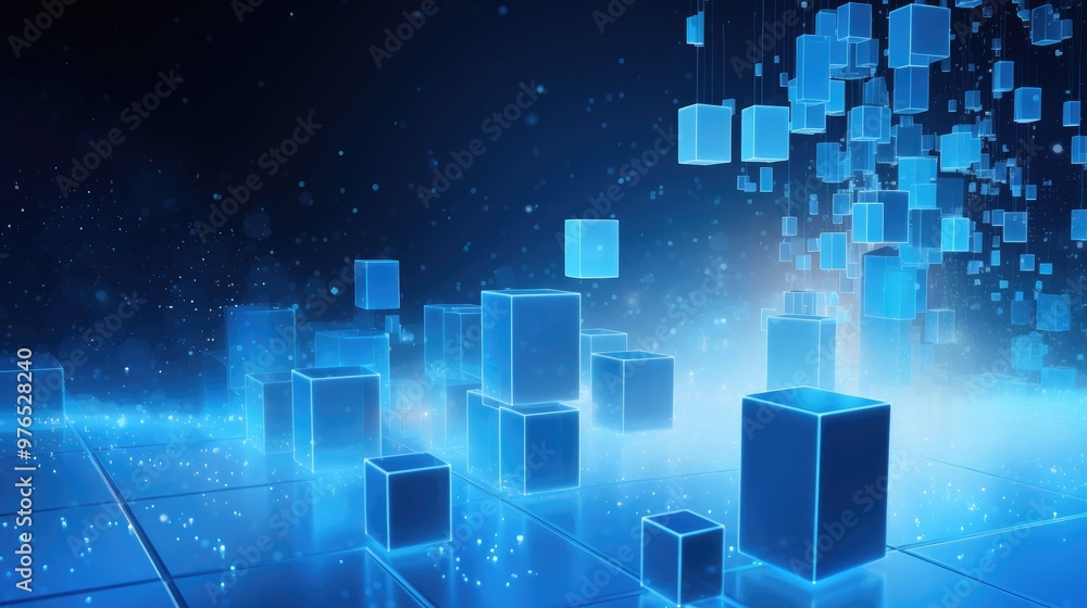 Wall mural abstract digital background with glowing blue cubes floating in a futuristic space.