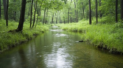 Fototapeta premium A serene stream winds its way through a lush forest, symbolizing peace, tranquility, nature's beauty, and the passage of time.
