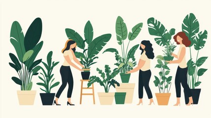 Women Caring for Houseplants    Interior Design and Home Decor Illustration
