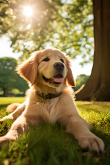 Adorable Golden Retriever Puppy Enjoying Summer Day in the Park