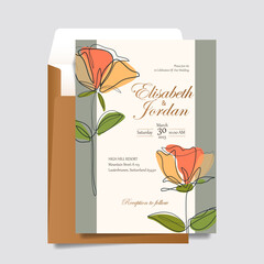 Minimalist wedding invitation with line art flower silhouette and save the date text template. An Elegant invitation card design, simple and luxurious. Vector Illustration.