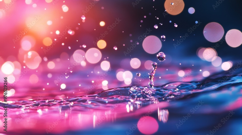 Poster a single water drop creates a splash on a pristine water surface, illuminated by a vibrant bokeh of 