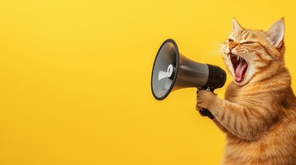 Funny Cat Holding Megaphone Shouting on Yellow Background