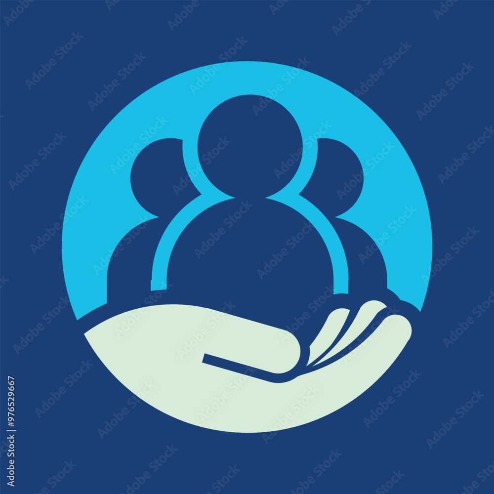 Poster this is a logo design that depicts a team of three abstract people being held by an open hand on a r