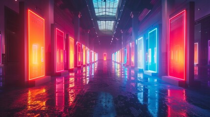Neon doors lined up in a hallway with colorful reflections on the wet floor. AI generative. .