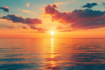 Fototapeta premium Horizon Sea Sky Background, Sunset sky clouds over sea in the evening with Orange, Yellow sunlight Golden hour in Summer landscape, Dusk sky seascape backgrounds , ai