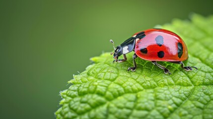 Fototapeta premium Close-up of Ladybug on Green Leaf