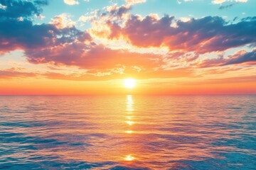 Fototapeta premium Horizon Sea Sky Background, Sunset sky clouds over sea in the evening with Orange, Yellow sunlight Golden hour in Summer landscape, Dusk sky seascape backgrounds , ai