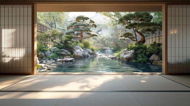 A view of a serene Japanese garden from a tatami mat room, featuring a pond, rocks, and trees. AI generative. .