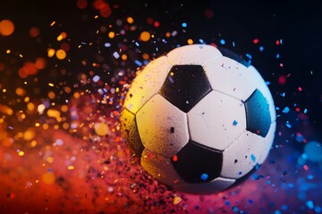 Naklejka premium A soccer ball explodes with colorful sparks and confetti, symbolizing celebration, excitement, energy, victory, and achievement.