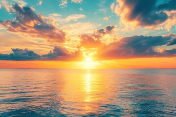 Obraz premium Horizon Sea Sky Background, Sunset sky clouds over sea in the evening with Orange, Yellow sunlight Golden hour in Summer landscape, Dusk sky seascape backgrounds , ai