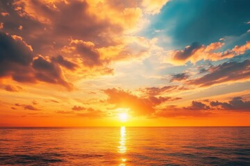 Fototapeta premium Horizon Sea Sky Background, Sunset sky clouds over sea in the evening with Orange, Yellow sunlight Golden hour in Summer landscape, Dusk sky seascape backgrounds , ai