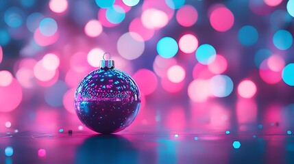 Fototapeta premium Futuristic Glowing Holographic Christmas Baubles with Neon Holiday Lights Backdrop