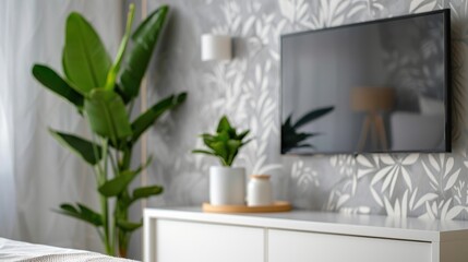 Modern living space featuring elegant gray wallpaper, enhancing the ambiance with its sophisticated texture and contemporary design, ideal for a chic home makeover.