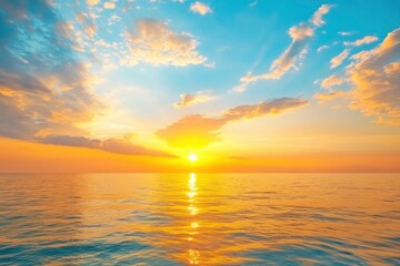Fototapeta premium Horizon Sea Sky Background, Sunset sky clouds over sea in the evening with Orange, Yellow sunlight Golden hour in Summer landscape, Dusk sky seascape backgrounds , ai
