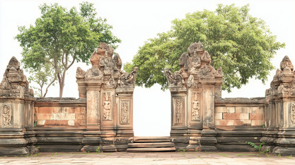 Obraz premium Ancient stone gate with intricate carvings, flanked by lush green trees. The detailed architecture signifies historical significance.