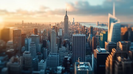 Breathtaking aerial view of New York City skyline at sunset, showcasing iconic skyscrapers and vibrant urban landscape.