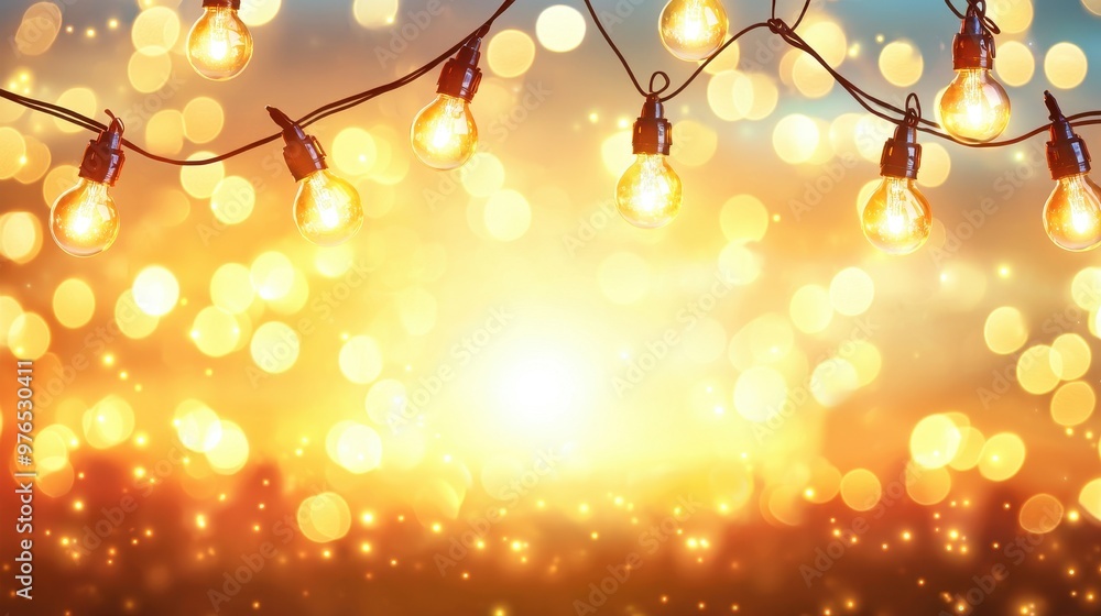 Poster warm bokeh lights background with string lights