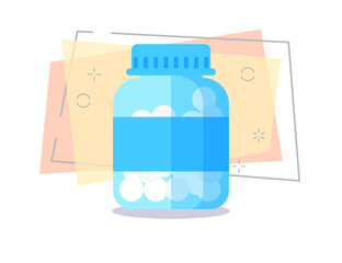 Pills in transparent container illustration. Jar, blank label, antibiotic. Medicine concept. Can be used for topics like medication, illness, treatment