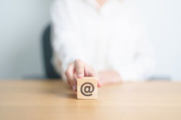Contact Us concepts. Wood block of Website Address sign. For Customer support hotline, business...