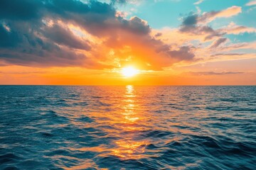 Fototapeta premium Horizon Sea Sky Background, Sunset sky clouds over sea in the evening with Orange, Yellow sunlight Golden hour in Summer landscape, Dusk sky seascape backgrounds , ai