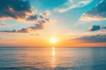 Fototapeta premium Horizon Sea Sky Background, Sunset sky clouds over sea in the evening with Orange, Yellow sunlight Golden hour in Summer landscape, Dusk sky seascape backgrounds , ai