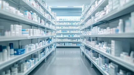 Pharmacy Aisle with Shelves Stocked with Medicine