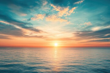 Horizon Sea Sky Background, Sunset sky clouds over sea in the evening with Orange, Yellow sunlight Golden hour in Summer landscape, Dusk sky seascape backgrounds , ai