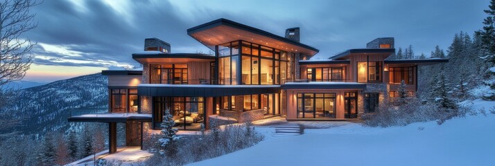 A stunning modern mountain home with expansive windows offering breathtaking views, showcasing luxurious design and cozy interiors. The home features a sleek exterior with a modern design, large windo