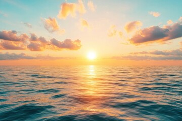 Horizon Sea Sky Background, Sunset sky clouds over sea in the evening with Orange, Yellow sunlight Golden hour in Summer landscape, Dusk sky seascape backgrounds , ai