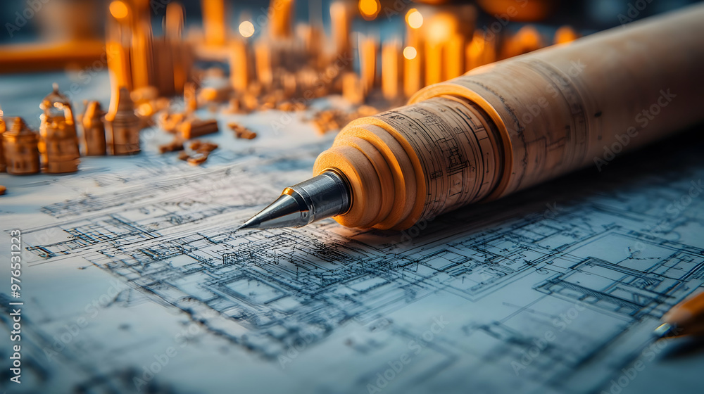 Poster conceptual illustration of architecture design - draft with a pen on blueprints