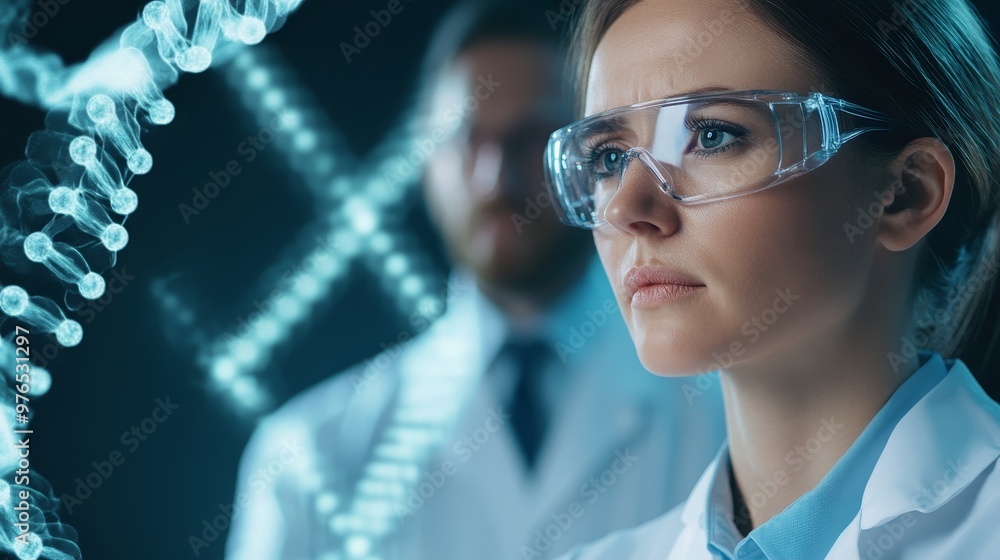 Poster a team of scientists collaborate to analyze complex genetic data, displayed on a digital interface, 