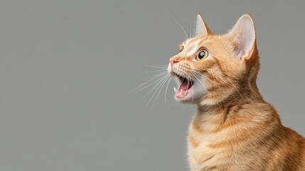 Obraz premium A surprised ginger cat gazing to the side with its mouth wide open, showcasing curiosity and wonder, perfect for pet lovers.