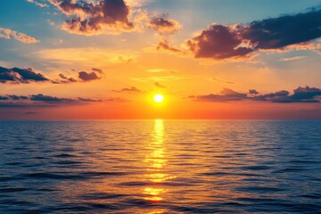 Horizon Sea Sky Background, Sunset sky clouds over sea in the evening with Orange, Yellow sunlight Golden hour in Summer landscape, Dusk sky seascape backgrounds , ai