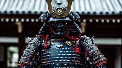 A traditional samurai warrior in full armor stands in front of an ancient Japanese temple, showcasing intricate details and an imposing presence.