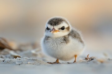 A tiny Piping Plover chick patiently waits on the beach, its fluffy feathers and big eyes symbolizing innocence, fragility, and the beauty of nature.