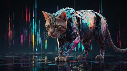 cat with paint strokes. art painting glitching cybernetic feline creature