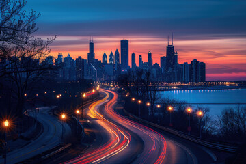 Obraz premium At night, the light trajectory of the taillights of fast-moving vehicles on city roads