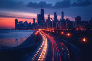 At night, the light trajectory of the taillights of fast-moving vehicles on city roads
