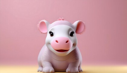 3D rendering of a cute and cheerful baby pygmy hippo on a pastel background.