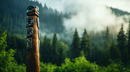 A traditional totem pole stands tall amidst a breathtaking Alaskan forest, shrouded in mist. The carved figures represent ancient spirits and stories, symbolizing the deep connection between nature an